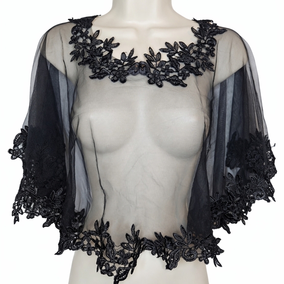 Vintage Other - Vintage Sheer Black Lace Bed Jacket Peignoir Topper Boudoir Lingerie